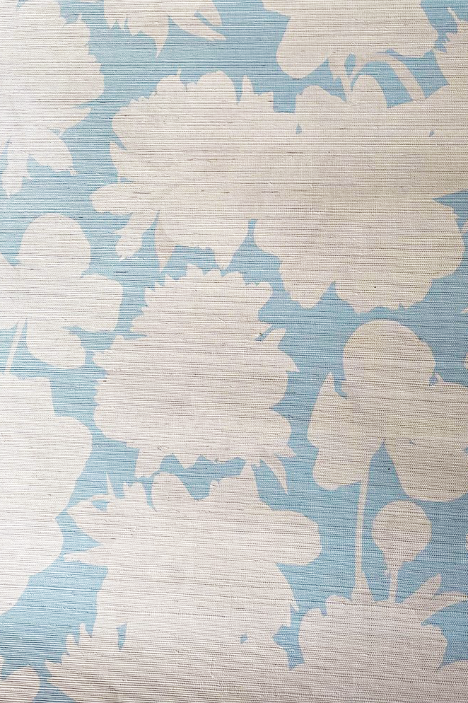 298870212  Bali Blue Textured Block Print Palm Fern Faux Grasscloth  Wallpaper