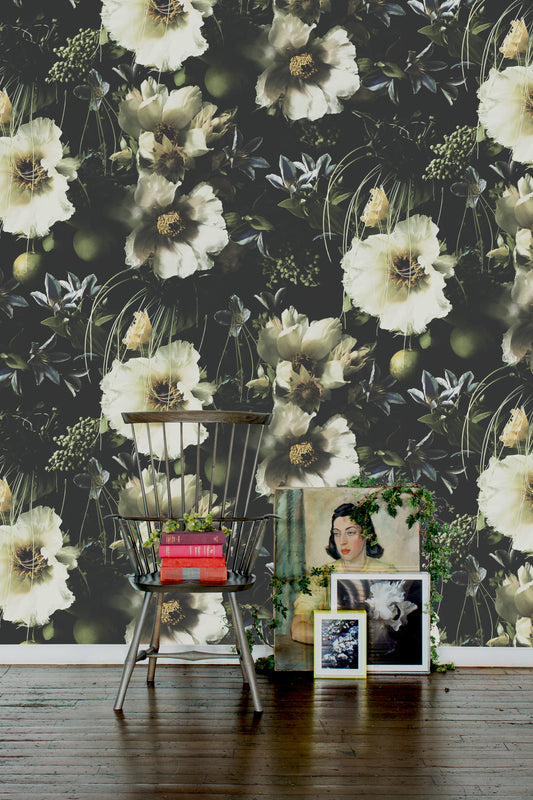 Jungle Boogie Dark Floral Grasscloth Wallpaper - Ashley Woodson Bailey